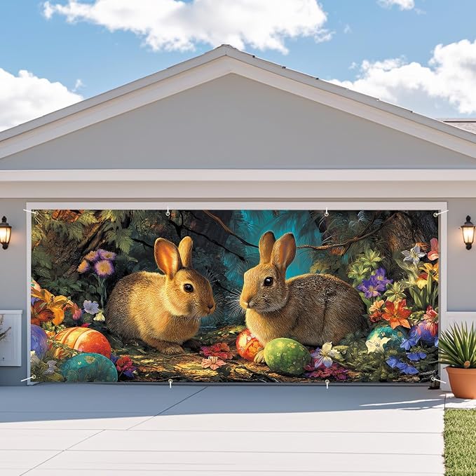 ANNA QUEEN Easter Bunny Garage Door Banner 6x13FT, Two Rabbits and Easter Eggs - Image 7