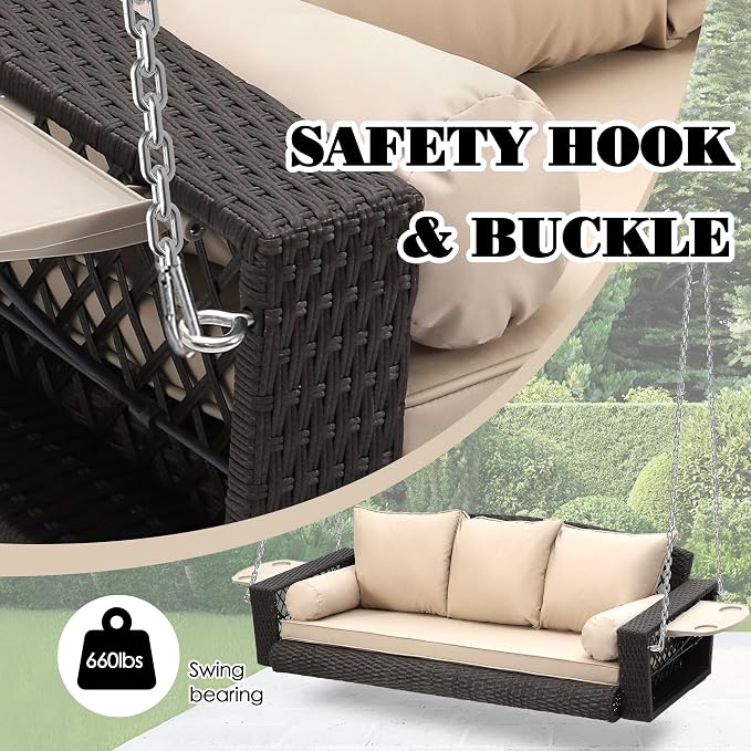 3-Person Hanging Porch Swing, Outdoor Wicker Hanging Swing Chair, 76inch Wicker - Image 3