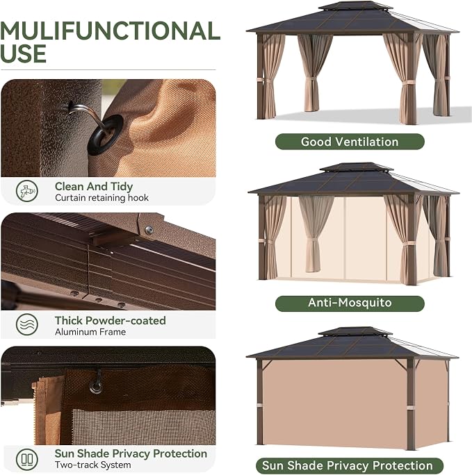 Aoxun 10'x12' Hardtop Gazebo, Aluminum Frame Permanent Pavilion - Image 8