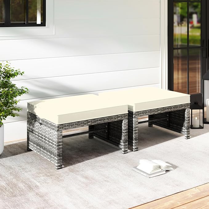 ORALNER Outdoor Ottoman, All-Weather Rattan Foot Stool w/Cushions, Foot Rest - Image 8