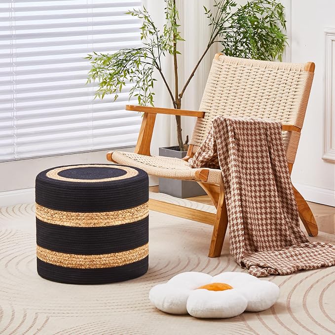 Wimarsbon 18'' Ottoman Pouf, Natural Braided Poof, Rustic Handweave Lounge - Image 2