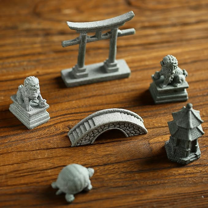6 PCS Mini Zen Garden Accessories, Miniature Garden Bridge Foo Dogs Torii Gate - Image 6