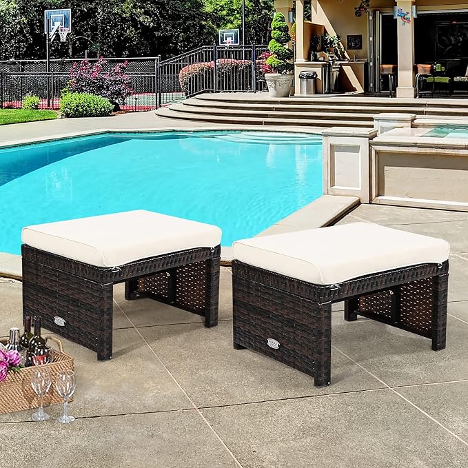 Tangkula 2 Pieces Patio Rattan Ottomans, All Weather Outdoor Footstool Footrest - Image 2