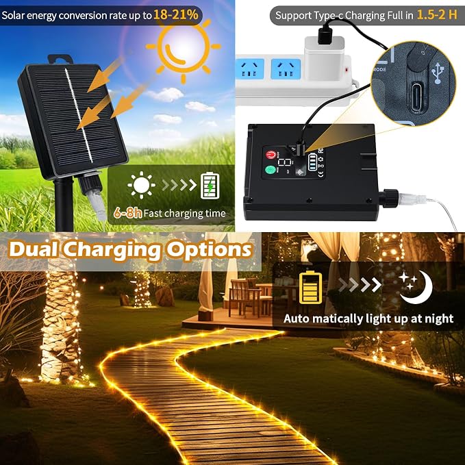 Solar Rope Lights Waterproof 39FT 100LEDs, High Capacity Rechargeable Battery - Image 4
