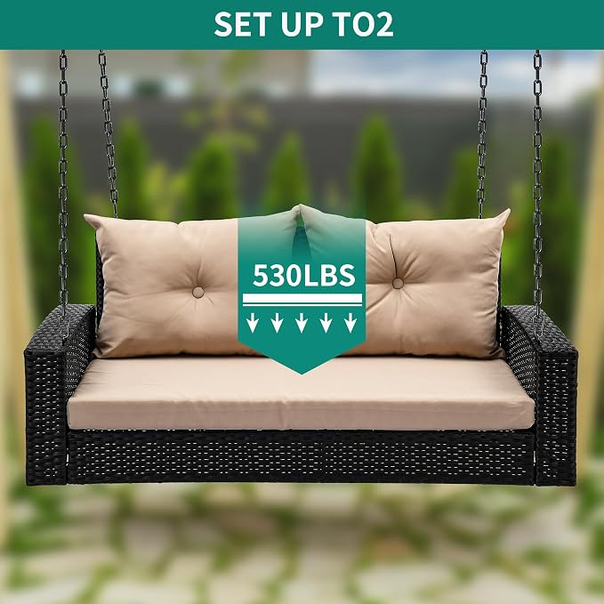YITAHOME Wicker Hanging Porch Swing Chair 2-Seats Outdoor Black Rattan Patio - Image 5