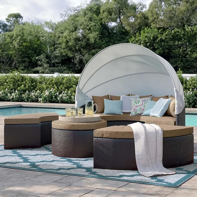 Modway Convene Wicker Rattan Outdoor Patio Retractable Canopy Round Poolside by Modway