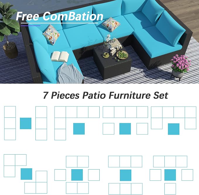 7 Piece Outdoor Patio Furniture Sets, Turquoise Patio Sectional Furniture - Image 5