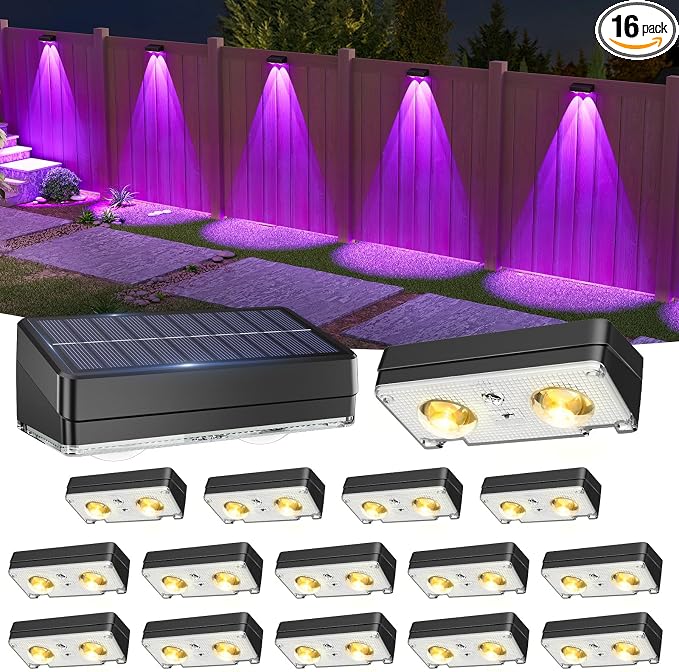 VOLISUN Solar Fence Lights 16 Pack, Warm White, Cool White and RGB Color Glow by VOLISUN