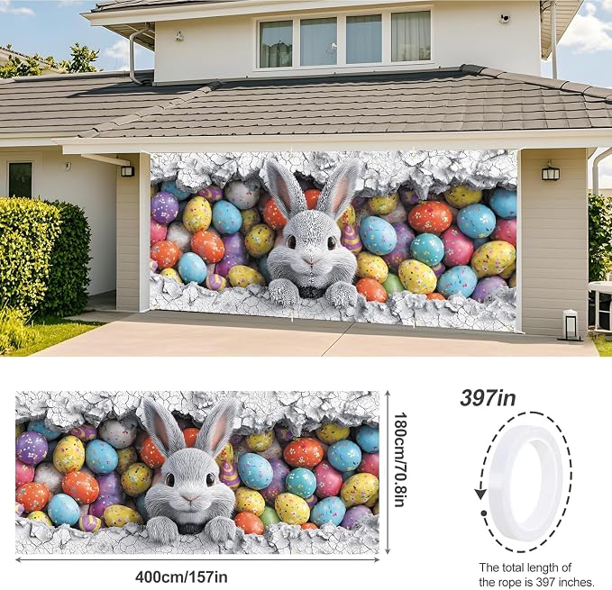ANNA QUEEN Easter Bunny Garage Door Banner 6x13FT, Cute Rabbit Peeking Cracked - Image 3