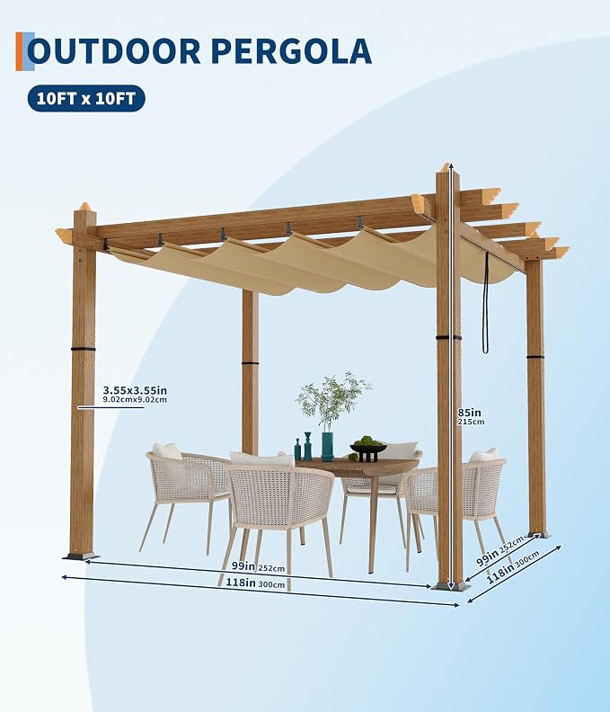 GarveeLife 10 x 10 ft Wood-Grain Aluminum Pergola Outdoor Pergola - Image 6