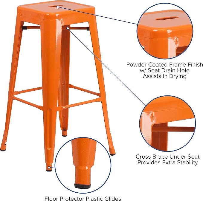 Flash Furniture Lily 4 Pack Commercial Grade 30" High Backless Orange Metal - Image 7