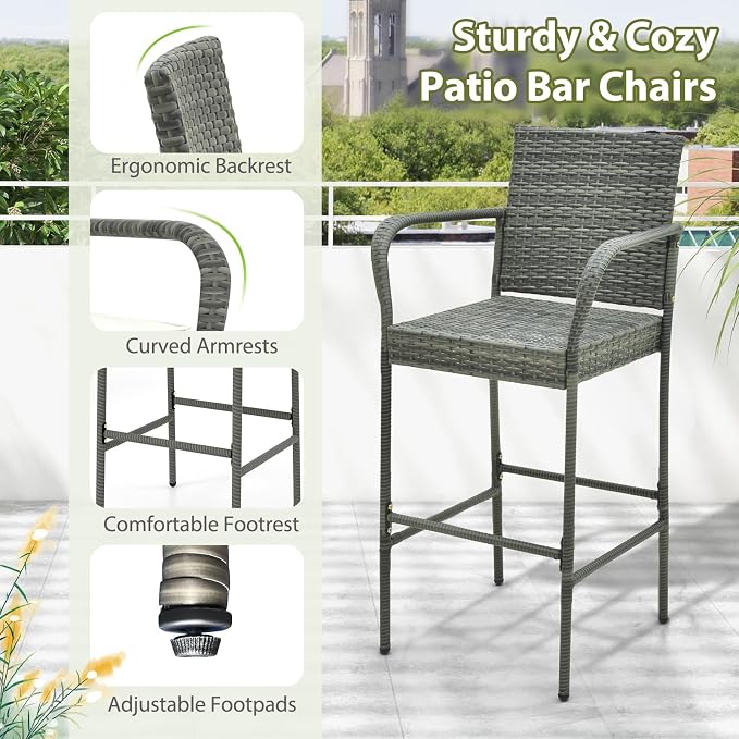 Tangkula Patio Wicker Barstools Set of 4, Outdoor PE Rattan Bar Chairs - Image 6