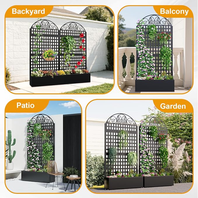 Metal Raised Garden Bed with Trellis, Freestanding Divider Fence with Drainage - Image 7