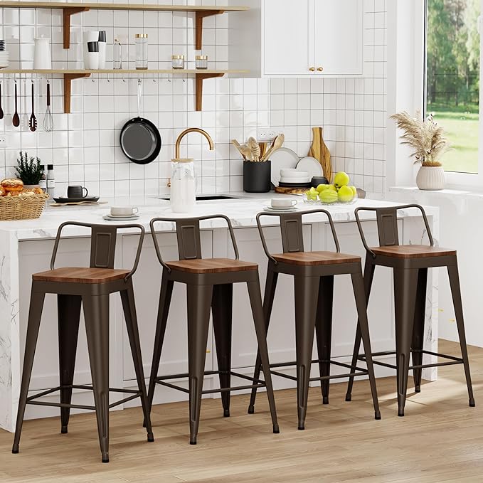WENTMENT Industrial Rusty Bar Stools Set of 4, Wooden Seat, Removable Back by WENTMENT