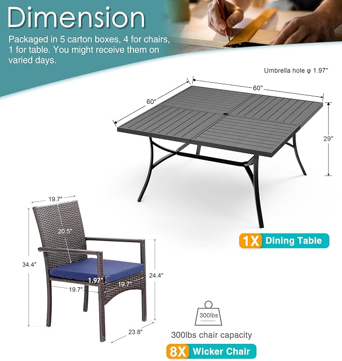 PHI VILLA 9 Pieces Square Outdoor Dining Set - Image 9