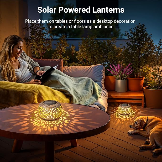 Solar Lanterns Outdoor Waterproof: 2 Pack Hollow Out Retro Metal Lantern Lights - Image 4