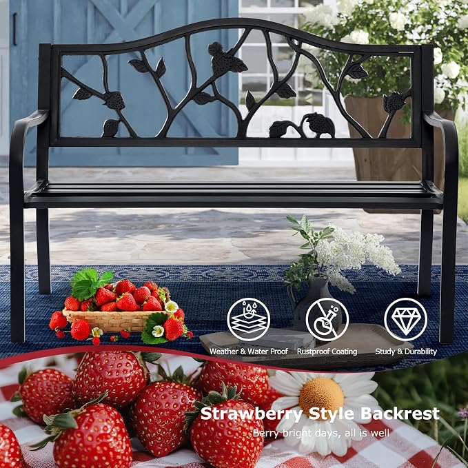 50” Strawberry Outdoor Garden Bench, Weatherproof Sturdy Cast Iron Metal Frame - Image 5