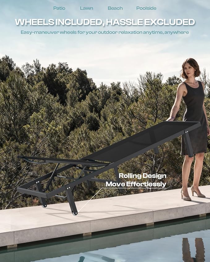 Lounge Chair Outdoor with Wheels, Aluminum Patio Chaise Lounge Chair with 5 - Image 3