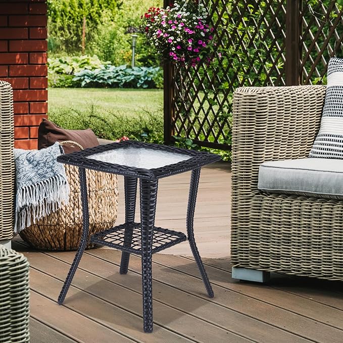 Outdoor Side Table with Storage Wicker Patio Side Table, Tempered Glass Top End - Image 2