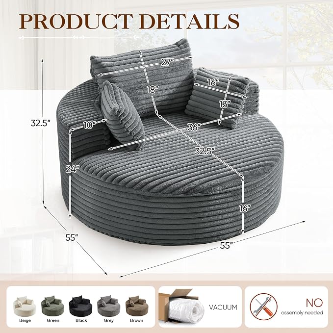 Oversized Round Chaise Longue Chair Indoor, Modern 55-inch Upholstered Corduroy - Image 2