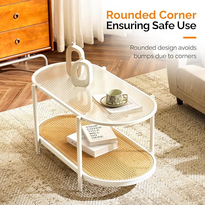 VINGLI 38" Rattan Oval Coffee Table, Glass Metal Center Table, Modern Coffee - Image 5