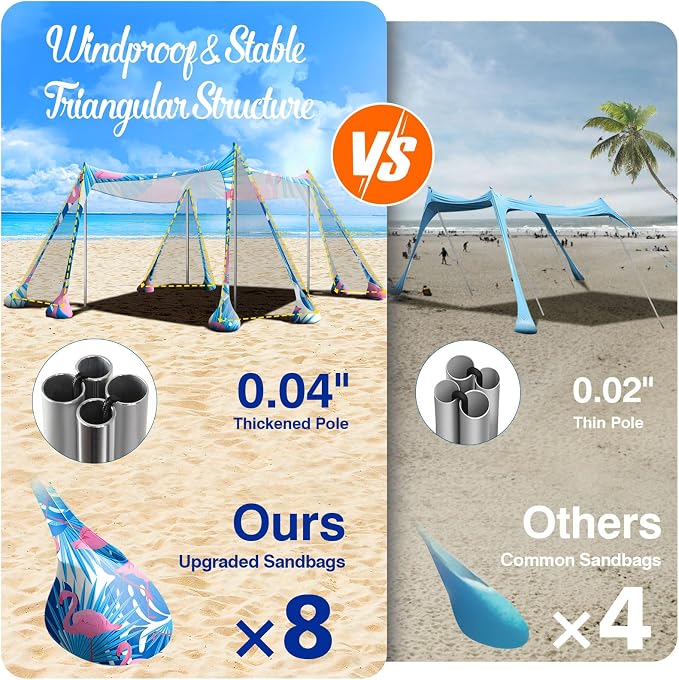 Rhino Valley Beach Tent Shade Canopy UPF50+ Protection, 8 Sandbags, 4 Stability - Image 3