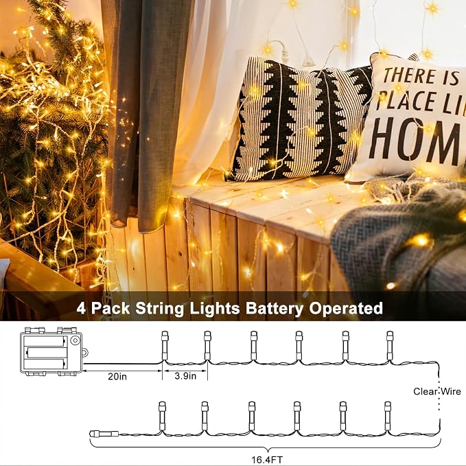 4 Pack Battery Christmas Light String 16.5Ft 50 LED Clear Wire Sting Lights - Image 6