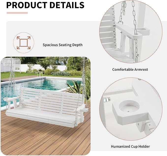 Finnhomy Fir Wooden Hanging Porch Swing Beach - Image 4