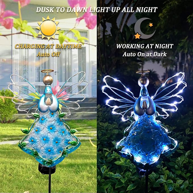 38Inch Angel Solar Lights Outdoor Decorative-Metal&Glass Angel Blue Hydrangea - Image 2
