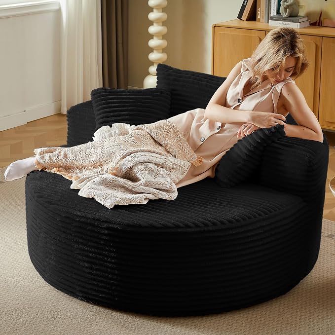 Oversized Round Chair Lounge Chaise Indoor, Upholstered Corduroy Deep Seat - Image 3