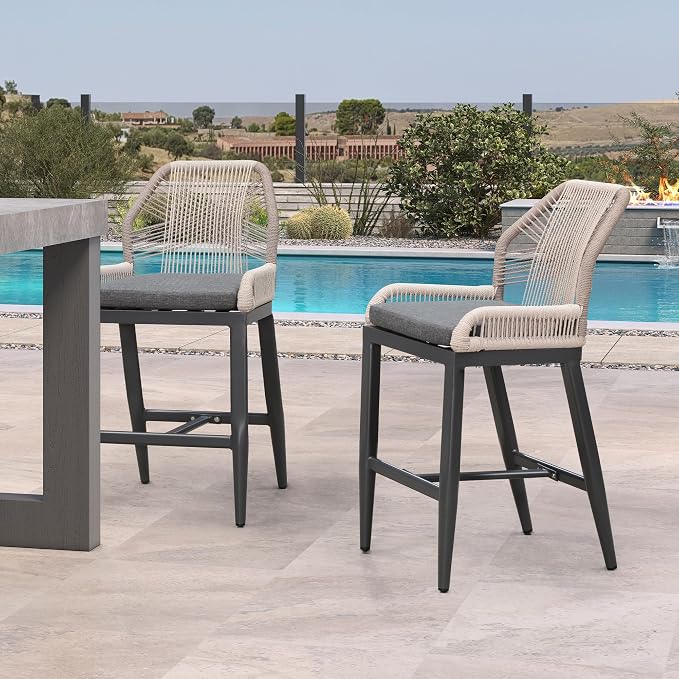 PURPLE LEAF Patio Bar Stool Counter Height Set of 2 Outdoor Rattan Chairs by PURPLELEAF