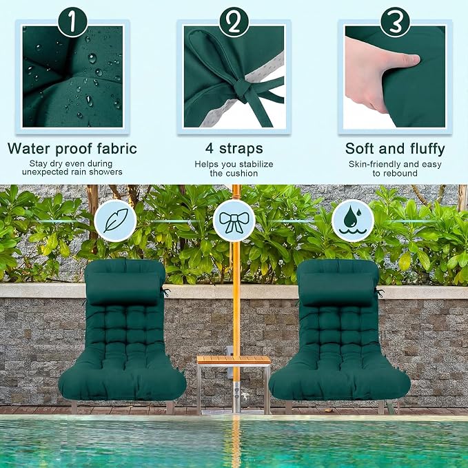 Tudomro 1 Pcs Dark Green 66'' Outdoor Chaise Lounge Cushion Waterproof Patio - Image 3