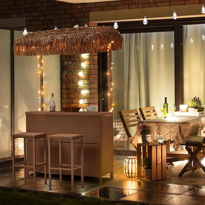 HOMREST Outdoor Tiki Bar Set, 3 Pieces Wicker Patio Bar Set w/2 Height Stools - Image 6