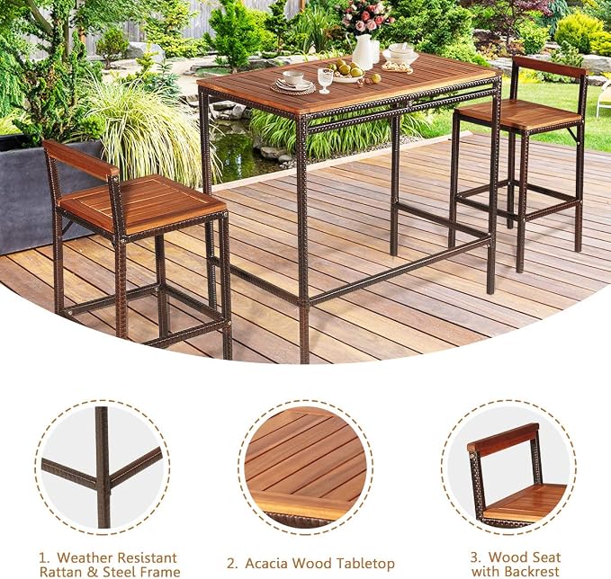 HAPPYGRILL 3 Pieces Outdoor Wicker Rattan Bar Set, Acacia Wood Patio Dining - Image 4