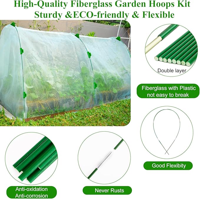 60Pcs Greenhouse Hoops Grow Tunnel Wide, 8FT Rust-Free Fiberglass Support - Image 4