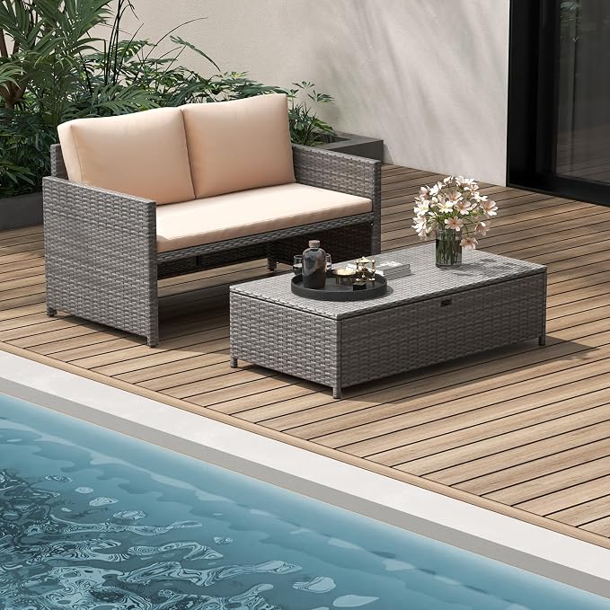 Tangkula Outdoor Rattan Daybed, Wicker Loveseat & 31 Gallon Storage Ottoman - Image 4