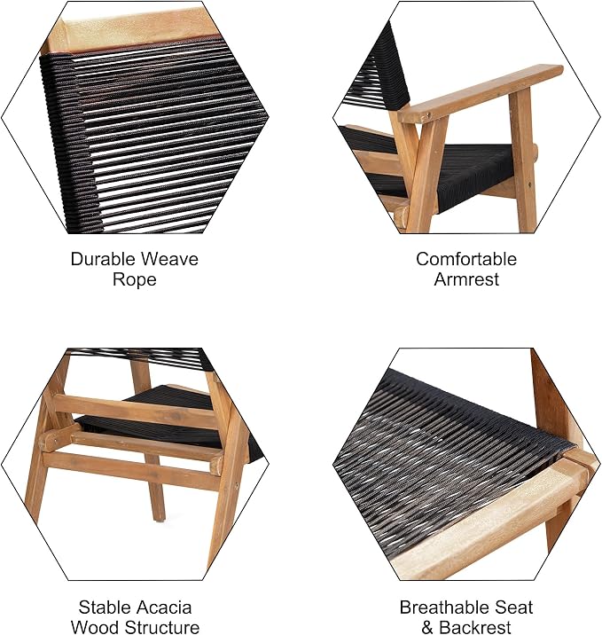 Outdoor Patio Chairs Set of 2 Black Rope Furniture Chairs 2-Person Outdoor - Image 3