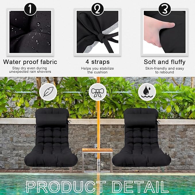 Tudomro 1 Pcs Black 66'' Outdoor Chaise Lounge Cushion Waterproof Patio Lawn - Image 3