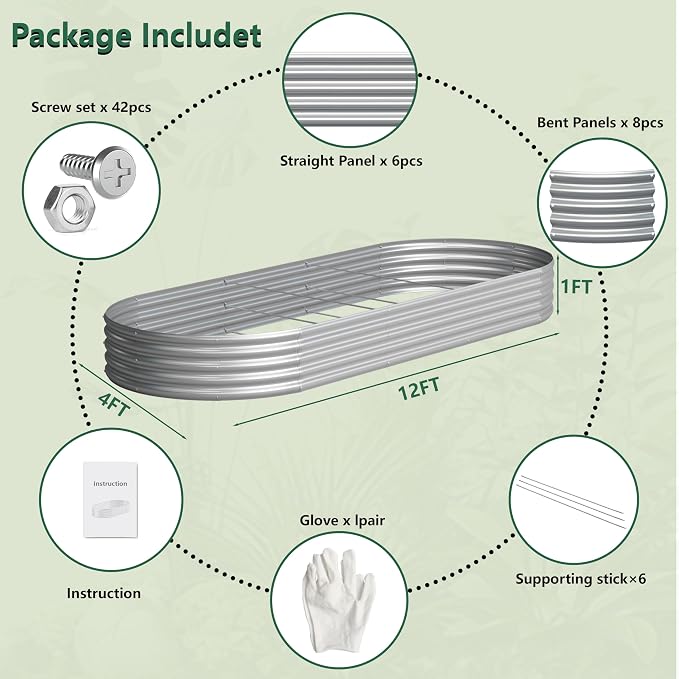 2PCS 12x4x1FT Galvanized Raised Garden Bed Kit, Vegetable Boxes-Oval Metal - Image 5