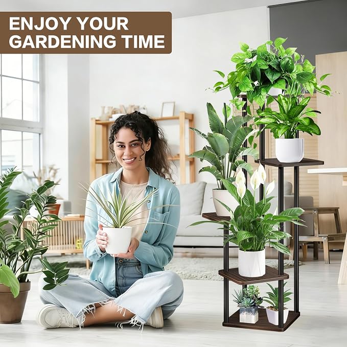 5 Tier Wood Tall Plant Stand Metal Rack Indoor, Planter Shelf Display Rack - Image 5