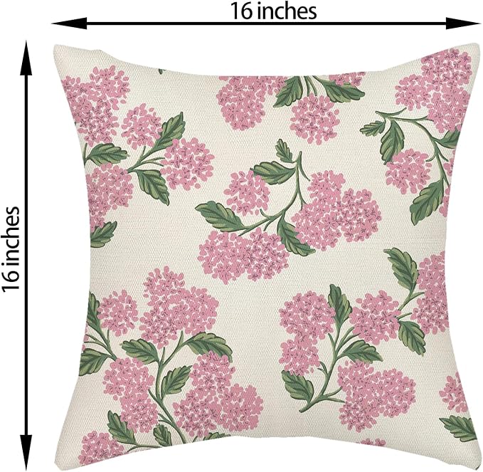 Preppy Pink Spring Pillow Covers 16x16 Inch 2 Pcs Green Hydrangea Flower Decor - Image 6