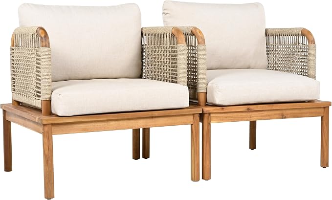 Outdoor Armchair Set of 2, Acacia Wood and Rope Club Chair - Image 6