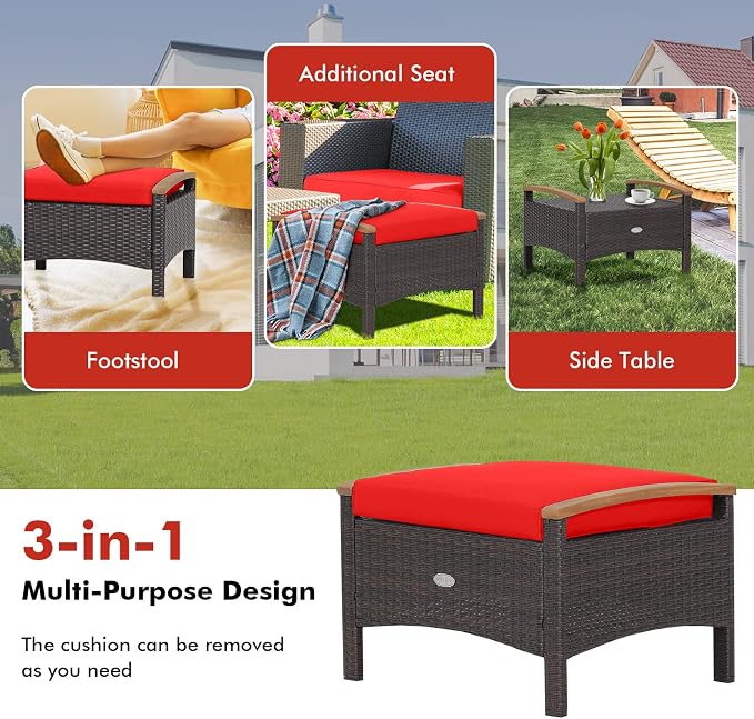 Tangkula 2 Piece Patio Rattan Ottomans, Outdoor Wicker Footstool w/Acacia Wood - Image 8