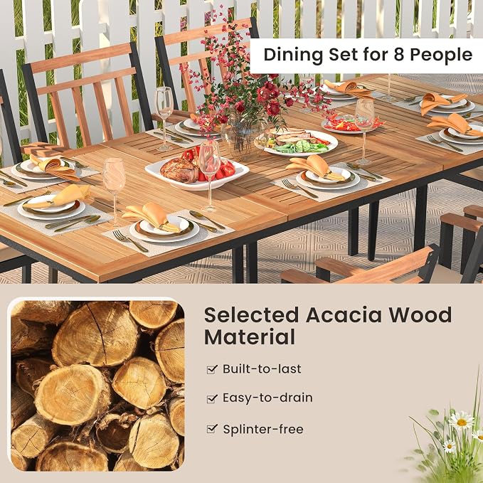 Tangkula 9-Piece Patio Dining Set, Outdoor Acacia Wood Dining Furniture Set - Image 6