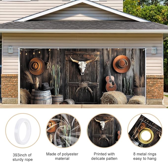 ANNA QUEEN Western Cowboy Garage Door Banner 6x13FT, Rustic Barn Door Backdrop - Image 4