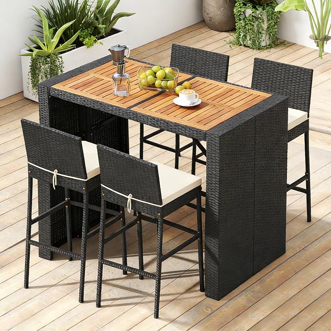 COSTWAY 5 Piece Patio Bar Set, Outdoor Rattan Wicker Bar Table and 30'' High by COSTWAY