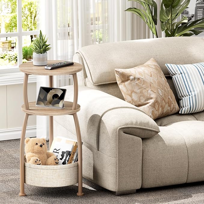 Small Side Table with Storage Basket, Space Saving Round End Table 3-Tier - Image 2