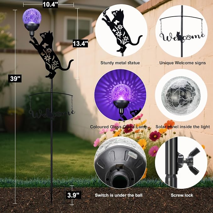 Cat Solar Lights Outdoor Garden Decor, 40” Black Cat Stake - Image 7