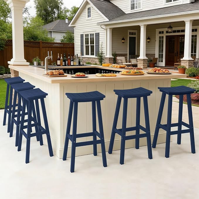 Outdoor Bar Stools Set of 6, 29 Inch All-Weather HDPE Bar Height Chairs - Image 7