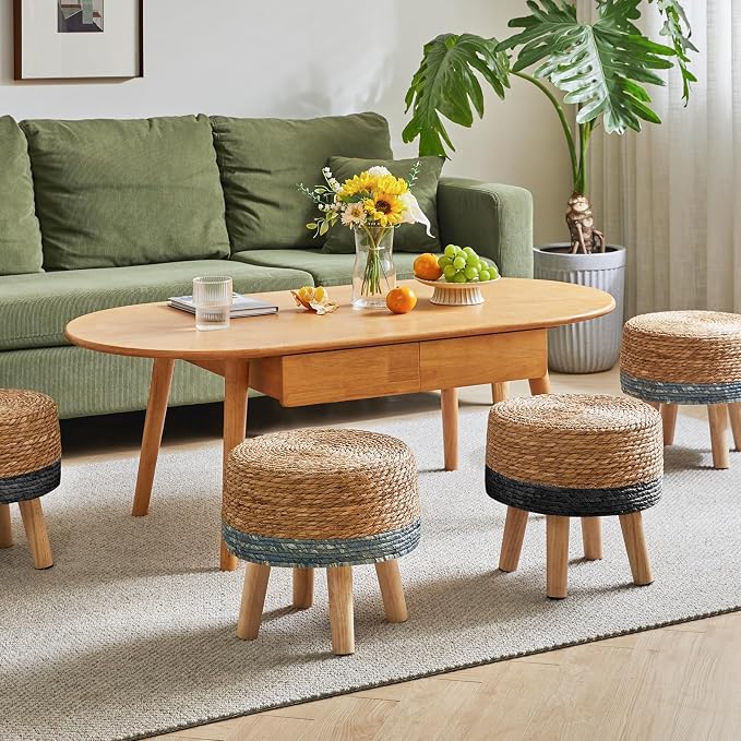 YMYNY Foot Stool Natural Seagrass Hand Weave, 12.6" Small Ottoman, Round - Image 8